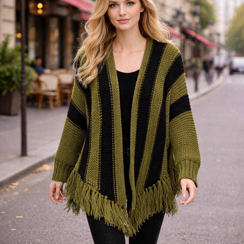 Knitted Sleeved Poncho Pattern, Fringe Poncho Knitting PDF, Womens Striped Garter Stitch Wrap, Easy One Size Boho Knit Pattern image 6