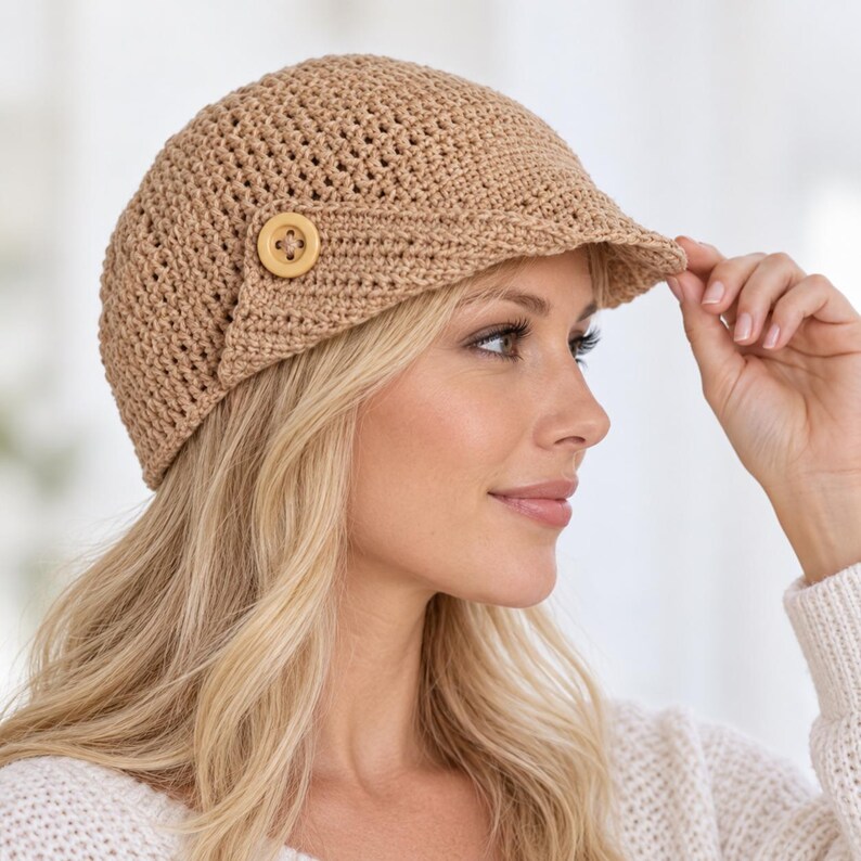May include: A tan crochet newsboy cap featuring a textured, open-stitch pattern and a short, stiffened brim. The cap is accented with a single, round, light-colored wooden button positioned on the side, adding a subtle detail to the design.