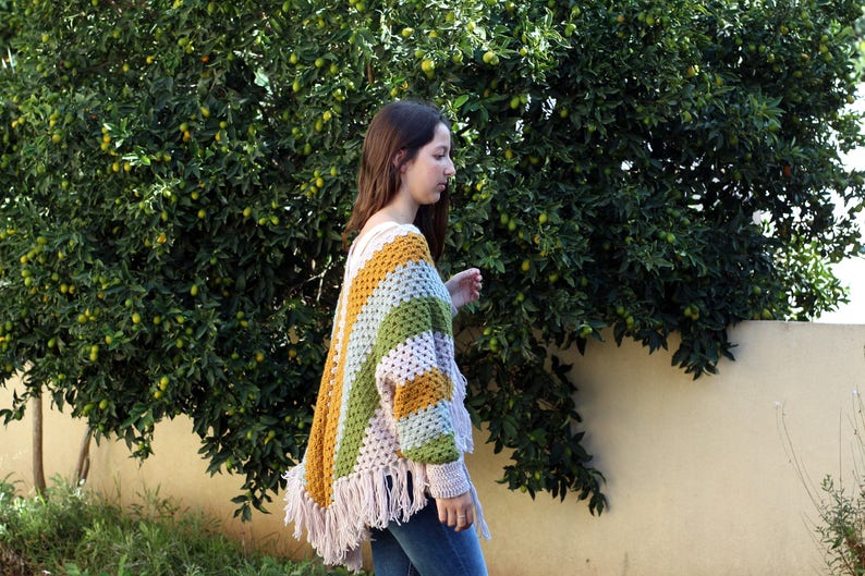 Women Poncho Pattern Striped Poncho Crochet Sleeved Poncho Crochet Poncho Pattern Poncho Cape Pattern Shawl Pattern Striped Poncho image 8