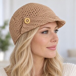 May include: A tan crochet newsboy cap featuring a textured, open-stitch pattern and a short, stiffened brim. A single, round, light-colored button is attached to the side of the cap, providing a decorative accent to the structured, woven design.