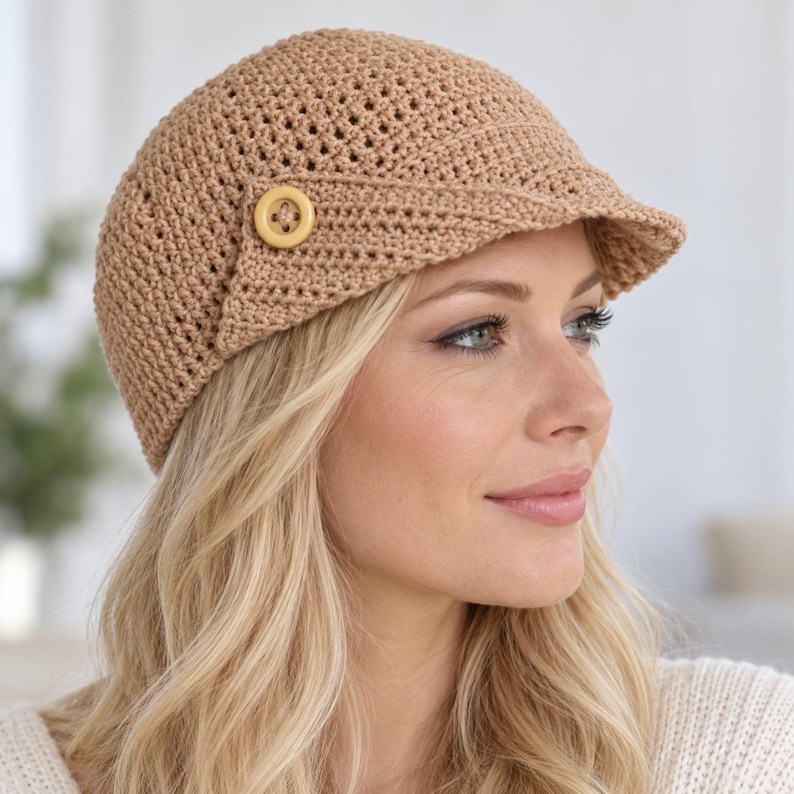 May include: A tan crochet newsboy cap featuring a textured, open-stitch pattern and a short, stiffened brim. A single, round, light-colored button is attached to the side of the cap, providing a decorative accent to the structured, woven design.