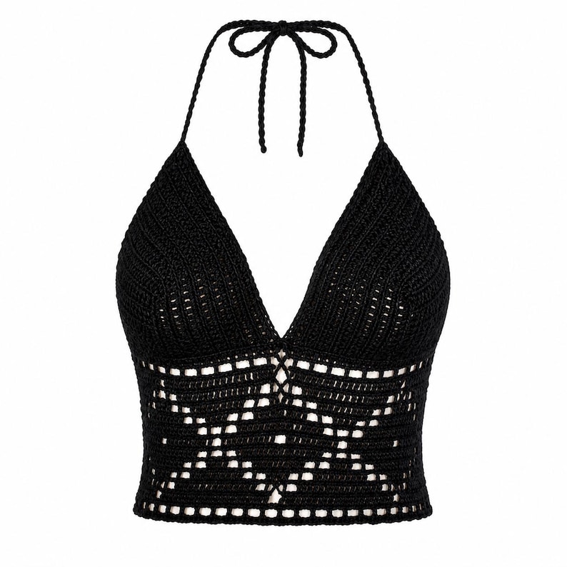 May include: A black halter top with a V-neck design. The top is made of crocheted material, featuring a detailed openwork pattern across the midsection. The halter straps tie at the back of the neck.
