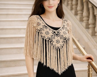 Crochet Flower Poncho Pattern Boho Fringe Shawl PDF, Festival Top Crochet Pattern, Easy Summer Cover Up, One Size Fits Most
