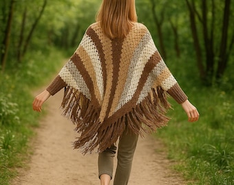 Wzór na szydełkowy ponczo w formacie PDF, łatwy wzór na szal w paski z peleryną dla początkujących z rękawami, ponczo boho z frędzlami do pobrania w wersji cyfrowej