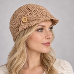 May include: A light tan crocheted newsboy cap featuring a textured, open-stitch pattern on the crown and a solid, tightly crocheted brim. A single, round, matching tan button is attached to the side of the brim, providing a decorative accent.