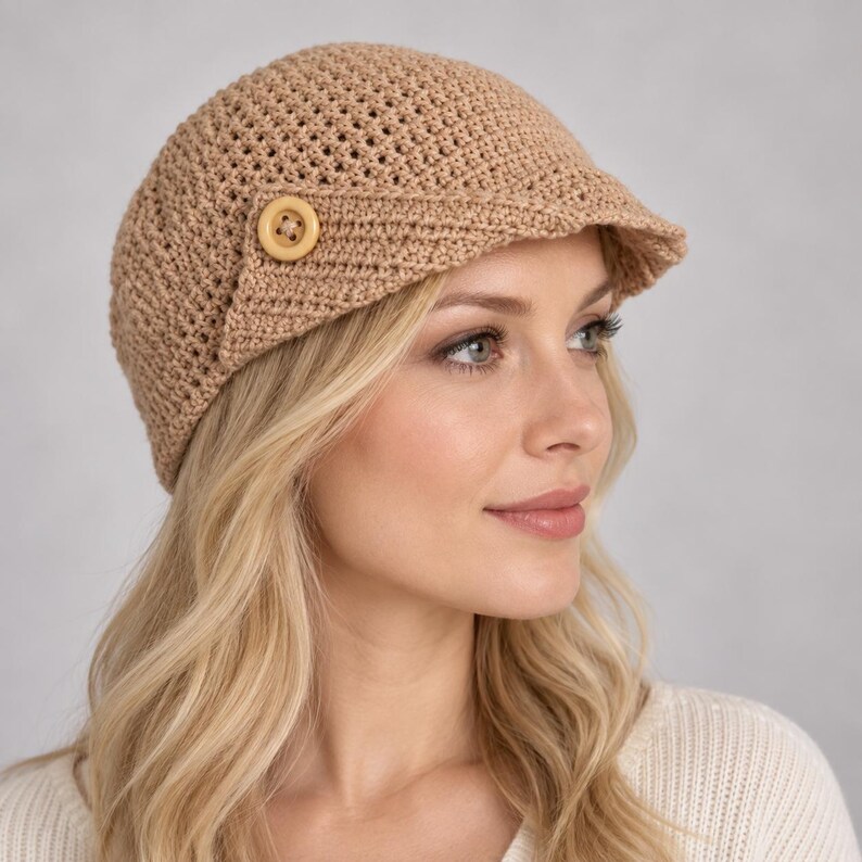 May include: A light tan crocheted newsboy cap featuring a textured, open-stitch pattern on the crown and a solid, tightly crocheted brim. A single, round, matching tan button is attached to the side of the brim, providing a decorative accent.