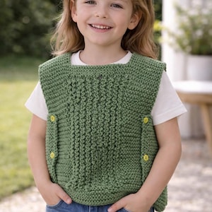 Op de afbeelding: Een groene gebreide vest met gele knopen. Het vest wordt gedragen over een wit t-shirt en een blauwe spijkerbroek. Het kind lacht en draagt een gele bloem haarclip.
