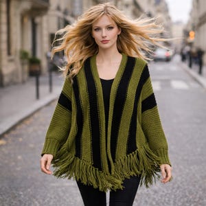 Knitted Sleeved Poncho Pattern, Fringe Poncho Knitting PDF, Womens Striped Garter Stitch Wrap, Easy One Size Boho Knit Pattern image 5