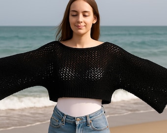 Patrón de punto para suéter corto negro, jersey de manga murciélago, top de encaje de puño a puño, jersey de cuello barco, PDF digital para mujer