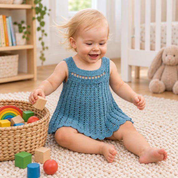 Crochet Baby Dress Pattern 6-12 Months, Blue Lace Sundress, Sleeveless Infant Dress, Scalloped Hem, Digital PDF Pattern