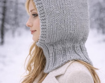 Patrón PDF de bufanda con capucha tejida, patrón de pasamontañas para mujer, calentador de cuello y capucha, accesorio de invierno fácil de tejer en plano.
