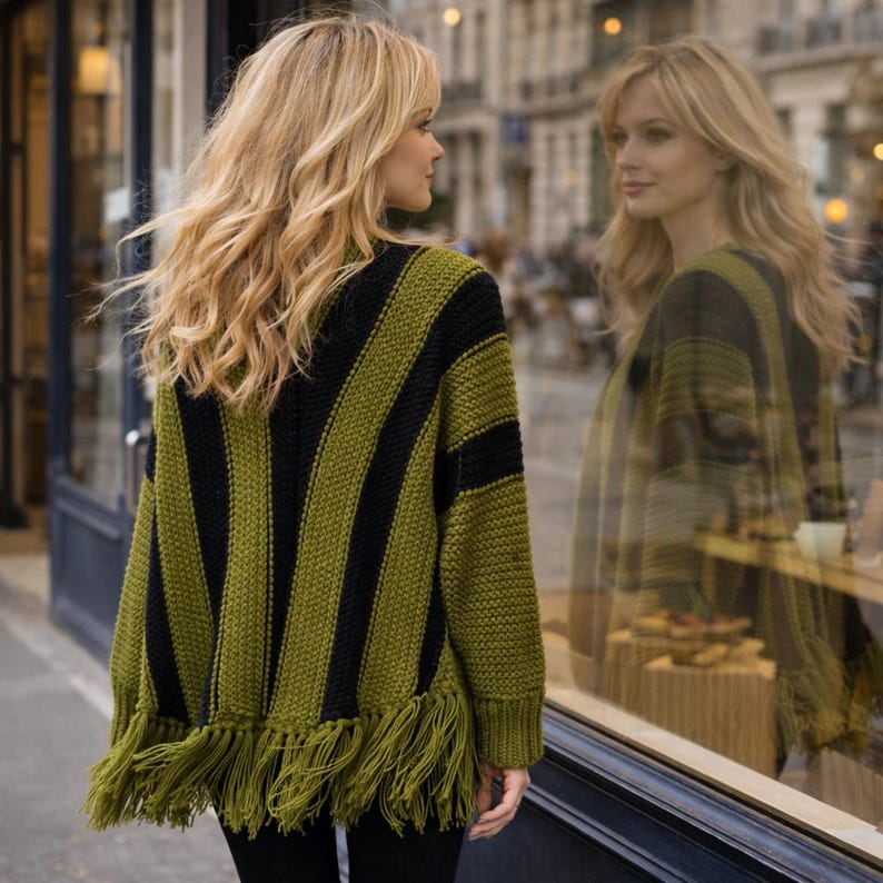Knitted Sleeved Poncho Pattern, Fringe Poncho Knitting PDF, Womens Striped Garter Stitch Wrap, Easy One Size Boho Knit Pattern image 3