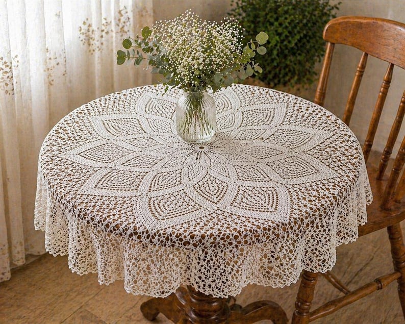 May include: A cream-coloured, round crochet tablecloth with a floral pattern covers a wooden table. A glass vase with white flowers sits in the centre. A wooden chair is visible on the right.