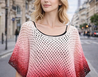 Patrón de túnica de ganchillo en PDF, top calado con degradado de rosas, chaqueta de ganchillo de manga ancha, diseño de flores de YarnArt