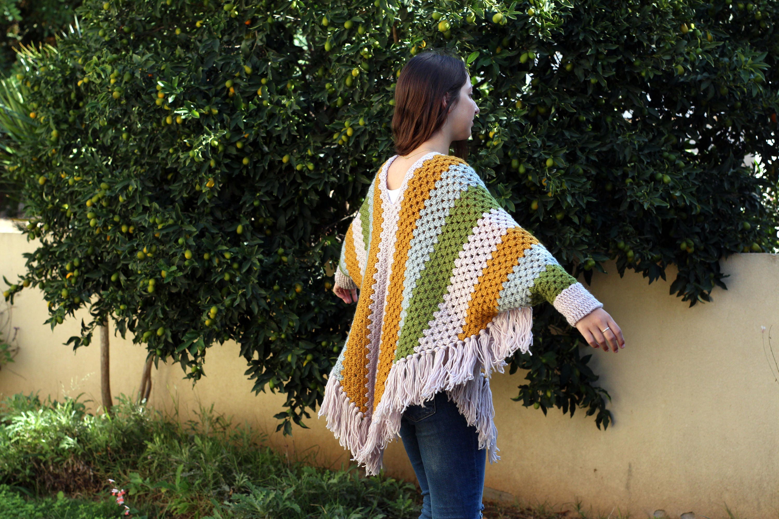 Women Poncho Pattern Striped Poncho Crochet Sleeved Poncho Crochet
