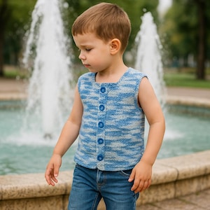 Puede incluir: Un chaleco de punto azul y blanco con botones. El chaleco lo lleva un niño pequeño, combinado con vaqueros azules. El fondo presenta una fuente y vegetación, lo que sugiere un entorno al aire libre. El diseño del chaleco es a rayas.