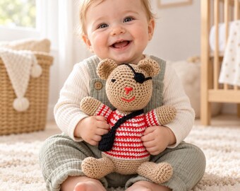 Modèle au crochet d'un ours en peluche pirate, amigurumi Capitaine Ours, jouet rayé au crochet avec cache-œil et sac, téléchargement PDF instantané
