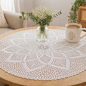 May include: A circular, white, crocheted doily with a detailed floral pattern is on a wooden table. A mug with a floral design and a vase of flowers are also on the table. The doily's intricate design adds a touch of elegance to the setting.