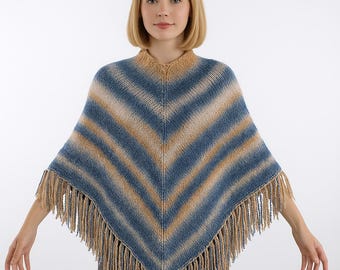 Knit Poncho Pattern PDF Striped Cape Knitting Tutorial Cozy Winter Poncho Pattern Easy Shoulder Cover Up Shawl Pattern for Women Beginners