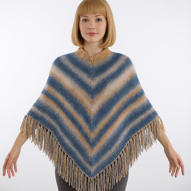 Knit Poncho Pattern PDF Striped Cape Knitting Tutorial Cozy Winter ...
