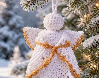 Crochet Angel Pattern, Christmas Ornament Amigurumi PDF, Golden Trim Holiday Tree Decoration, DIY Winter Angel Tutorial, Digital Download