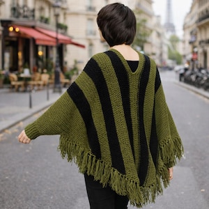 Knitted Sleeved Poncho Pattern, Fringe Poncho Knitting PDF, Womens Striped Garter Stitch Wrap, Easy One Size Boho Knit Pattern image 1