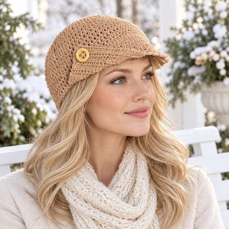 May include: A tan crocheted newsboy cap featuring a textured knit pattern and a single round yellow button accent on the side. The hat has a short, stiff brim and a rounded crown, crafted from a light brown yarn with a visible woven stitch detail.