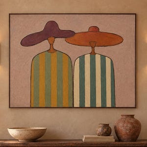 Sombreros Original Wall Art, Two Faceless Figures, Plum Curved Brim, Rust Oval Crown, Vertical Stripes, Folk Portrait, Eclectic Home Decor