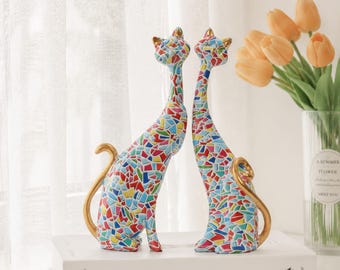 Colorful Mosaic Cat Figurine Set,Abstract Cat Sculpture, Modern Home Decor,Artistic Cat Statue,Whimsical Shelf Accent,Gift for Cat Lovers
