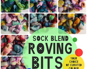 Hand Dyed Roving Bits, Sock Blend Spinning Fibre, Curated Wool Bundles for Hand Spinning, Choose from Multiple Colour Mixes and Fibre Bases!