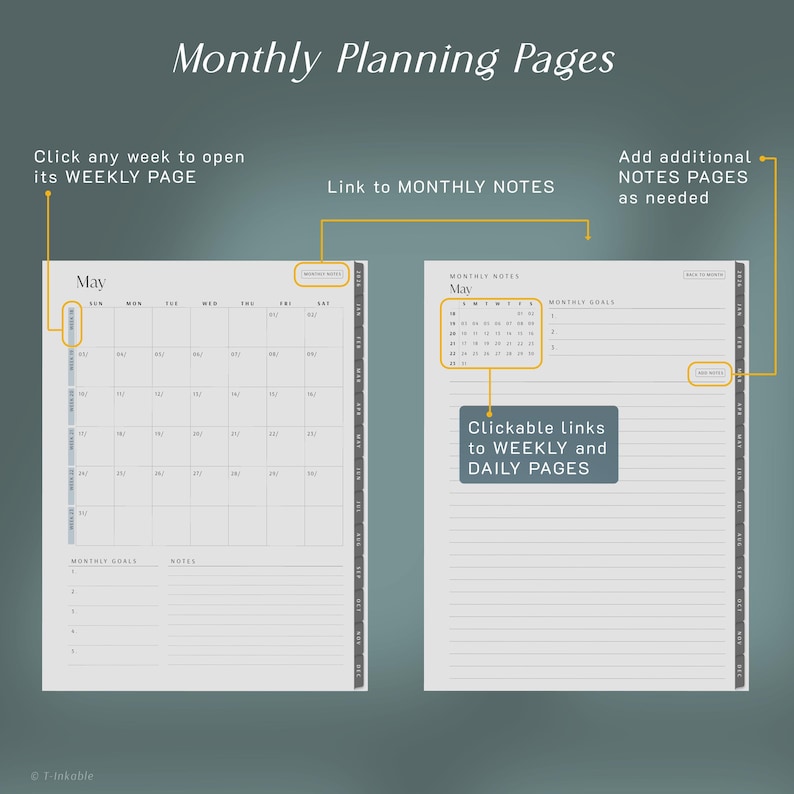 May include: Digital planner pages with the text "Monthly Planning Pages." The pages include a monthly calendar for May, with clickable links to weekly and daily pages. There are also sections for monthly goals and notes.