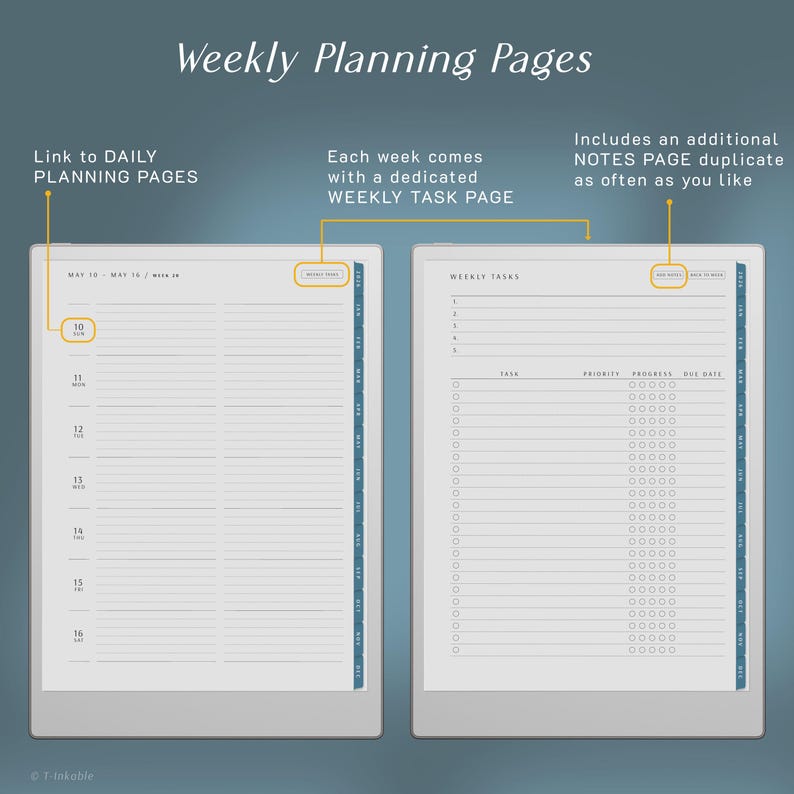 May include: Digital weekly planning pages with a clean, minimalist design. The pages include sections for daily planning, weekly tasks, and notes. The text "Weekly Planning Pages" is at the top.