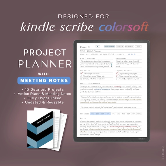 Project Planner for Kindle Scribe Colorsoft | Hyperlinked PDF Planner | Digital Project Management Planner | Instant Download