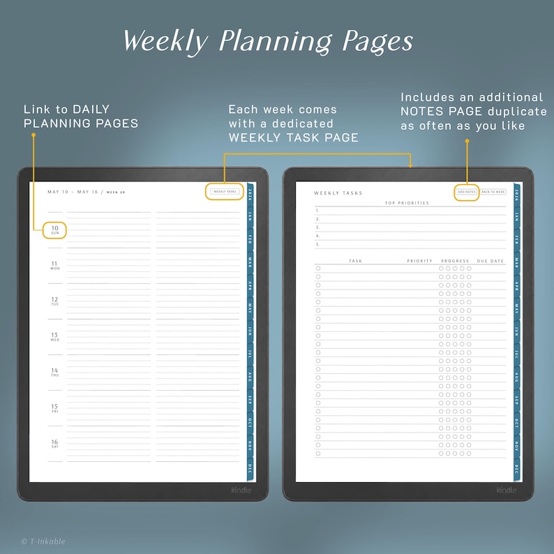 May include: Two digital tablet screens displaying weekly planning pages with white backgrounds and black text. The left screen shows a daily schedule from May 10 to May 16. The right screen features a weekly tasks list with top priorities and checkboxes.