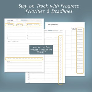 May include: A digital project management toolkit featuring white printable pages with black text and yellow highlighted sections. The pages include fields for project titles, start and end dates, priorities, objectives, progress trackers, and a project index with status columns.