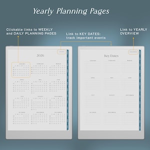 May include: Digital yearly planning pages with a 2026 calendar and key dates layout. The pages include clickable links to weekly and daily planning pages, and a yearly overview. The design is minimalist with a blue and white color scheme.