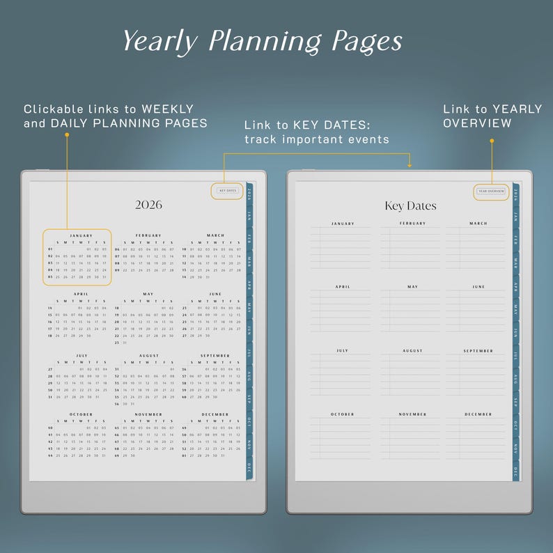 May include: Digital yearly planning pages with a 2026 calendar and key dates layout. The pages include clickable links to weekly and daily planning pages, and a yearly overview. The design is minimalist with a blue and white color scheme.