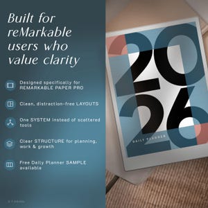 May include: A digital tablet displaying a "2026 Daily Planner" design in black and blue. The tablet is on a light surface, with text on the left side promoting the planner's features for reMarkable users.
