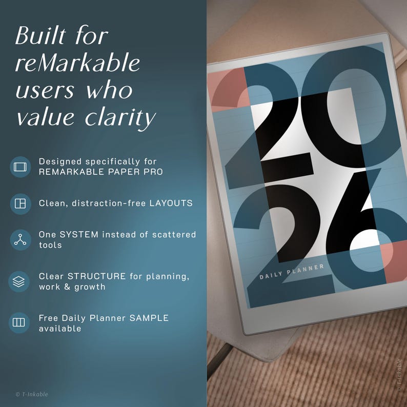 May include: A digital tablet displaying a "2026 Daily Planner" design in black and blue. The tablet is on a light surface, with text on the left side promoting the planner's features for reMarkable users.