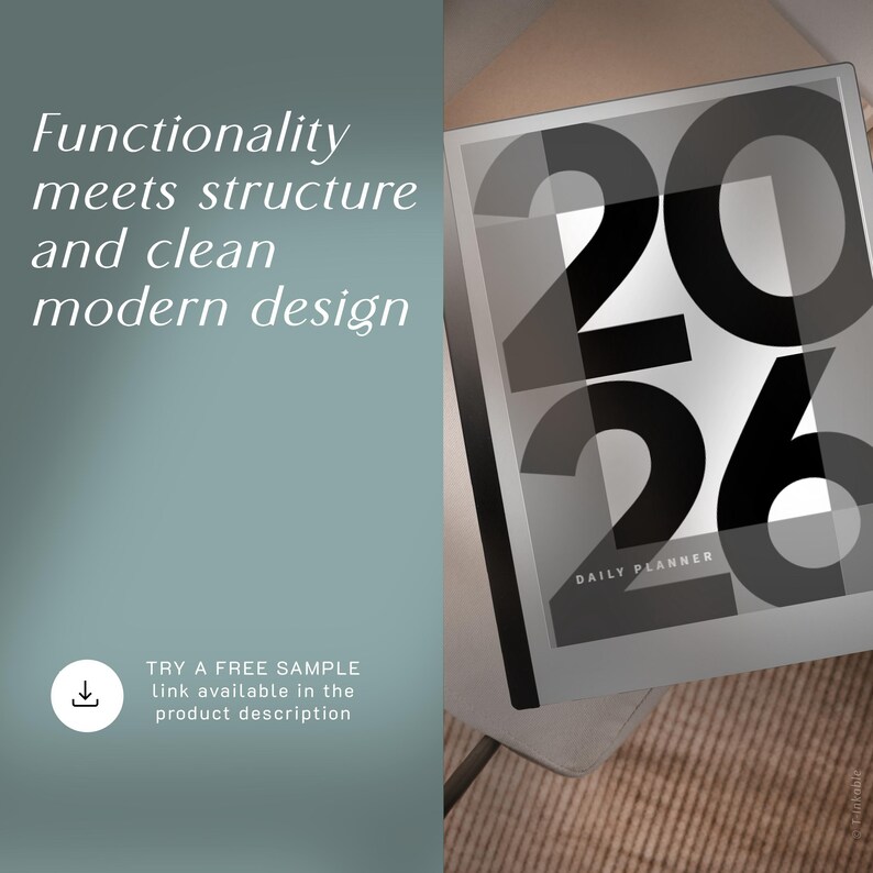 May include: A modern daily planner with the numbers "2026" in large, bold font. The words "Functionality meets structure and clean modern design" are displayed on the left. The text "DAILY PLANNER" is at the bottom. A call to action is included.