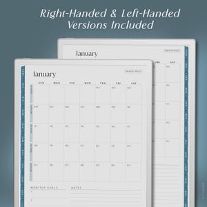 May include: Two open digital planners, one slightly behind the other, displaying a January calendar layout. The text "Right-Handed & Left-Handed Versions Included" is at the top. The planner pages have a white background with blue accents.