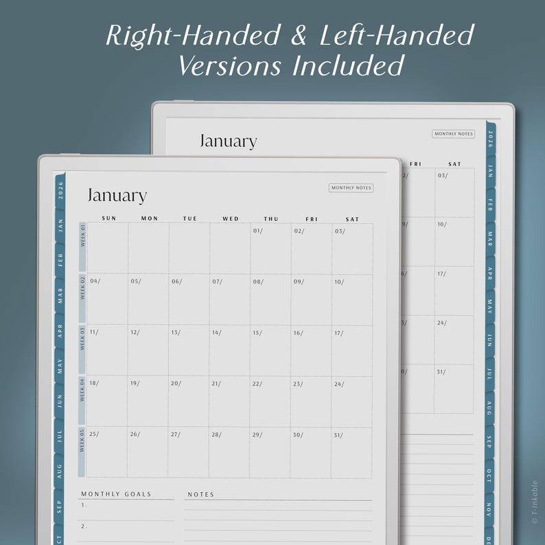 May include: Two open digital planners, one slightly behind the other, displaying a January calendar layout. The text "Right-Handed & Left-Handed Versions Included" is at the top. The planner pages have a white background with blue accents.