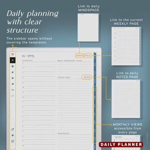 May include: A digital daily planner with a white background and blue accents. The planner includes sections for scheduling, tasks, and notes. Text on the planner includes "Daily planning with clear structure" and "Daily Planner". The sidebar opens without covering the templates.