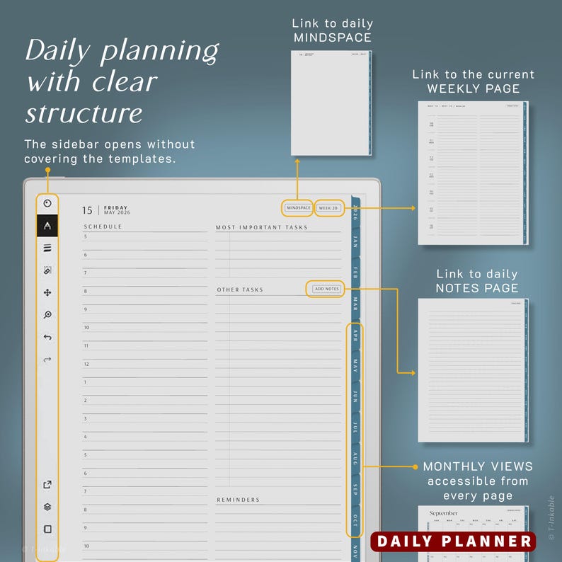 May include: A digital daily planner with a white background and blue accents. The planner includes sections for scheduling, tasks, and notes. Text on the planner includes "Daily planning with clear structure" and "Daily Planner". The sidebar opens without covering the templates.