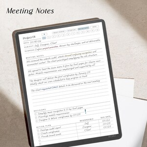 May include: A digital tablet displaying a meeting notes template titled Project 01. The screen shows fields for date, subject, and purpose, followed by lined sections for meeting notes, decisions with checkboxes, and an action plan table with due dates.