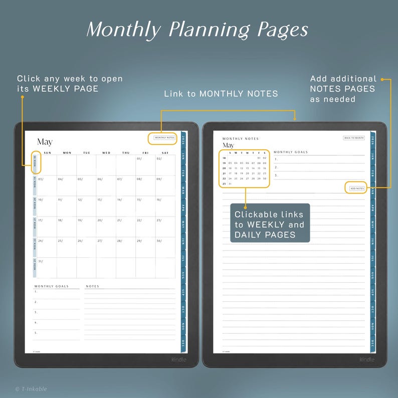 May include: Two digital tablet screens displaying a May monthly planner layout. The left screen shows a calendar grid with weekly links, while the right screen displays a monthly notes page with goals and clickable links to weekly and daily pages.