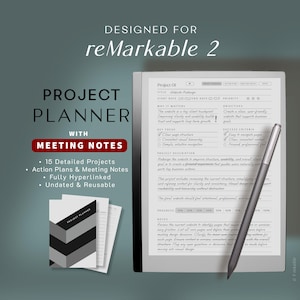 Könnte beinhalten: Ein digitaler Projektplaner für reMarkable 2 mit 15 detaillierten Projekten, Aktionsplänen und Besprechungsnotizen. Das Bild zeigt den Planer mit einem Stift und dem Text "PROJECT PLANNER WITH MEETING NOTES". Der Planer ist voll verlinkt, undatiert und wiederverwendbar.