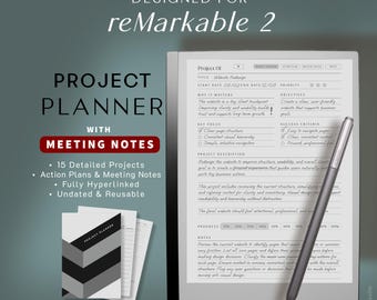 Planejador de Projetos Digital para reMarkable 2 – Sem data, com hiperlinks para anotações de reuniões, planos de ação e acompanhamento de prioridades.