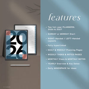 May include: Two digital planners for 2026 and 2027 displayed on tablets with a stylus. The screen shows the text features, including Sunday or Monday start, right or left-handed layouts, hyperlinked pages, daily, weekly, and monthly views, tasks, notes, and mindspace.