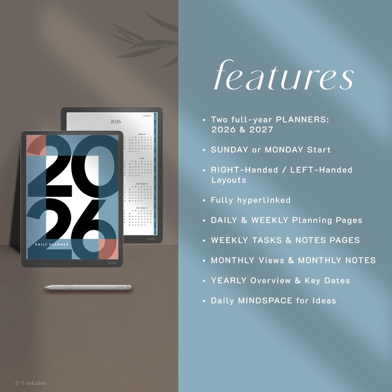 May include: Two digital planners for 2026 and 2027 displayed on tablets with a stylus. The screen shows the text features, including Sunday or Monday start, right or left-handed layouts, hyperlinked pages, daily, weekly, and monthly views, tasks, notes, and mindspace.